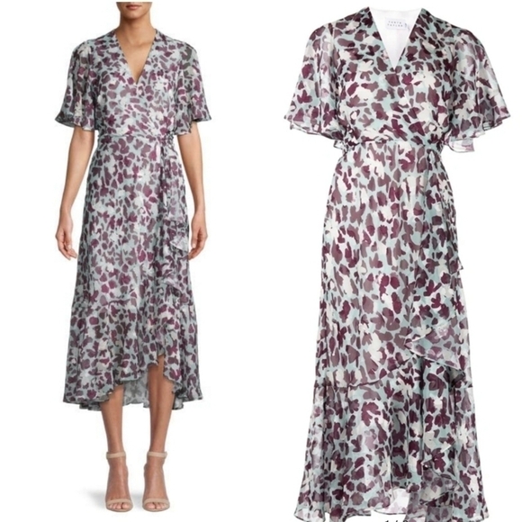 New Tanya Taylor Blaire Floral Wrap Leopard-Print Short-Sleeved Midi Dress Sz 4 - Picture 7 of 15